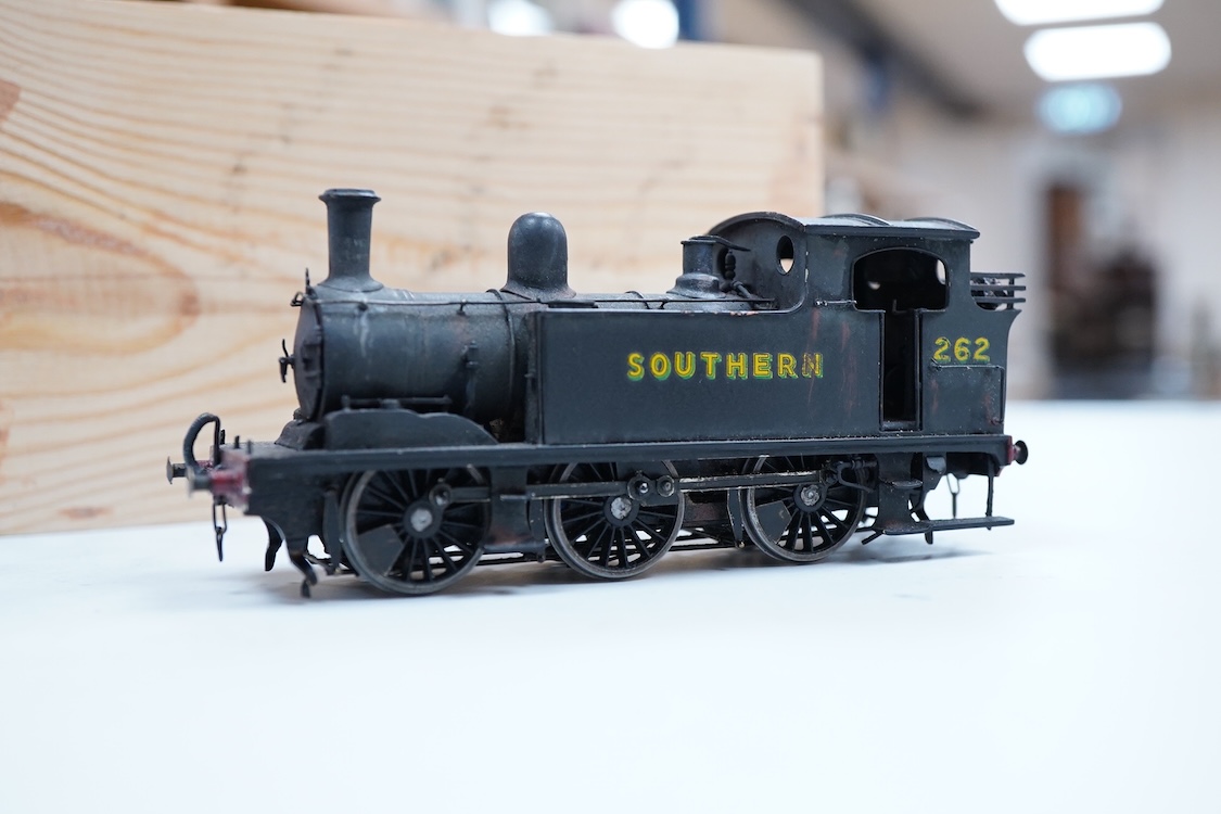An EM gauge scratch built model railway locomotive by John Worsley, a Southern Railway Adams G6 0-6-0T, 262, a highly detailed model with opening smoke box door showing the details of the blast pipe and boiler tube ends,
